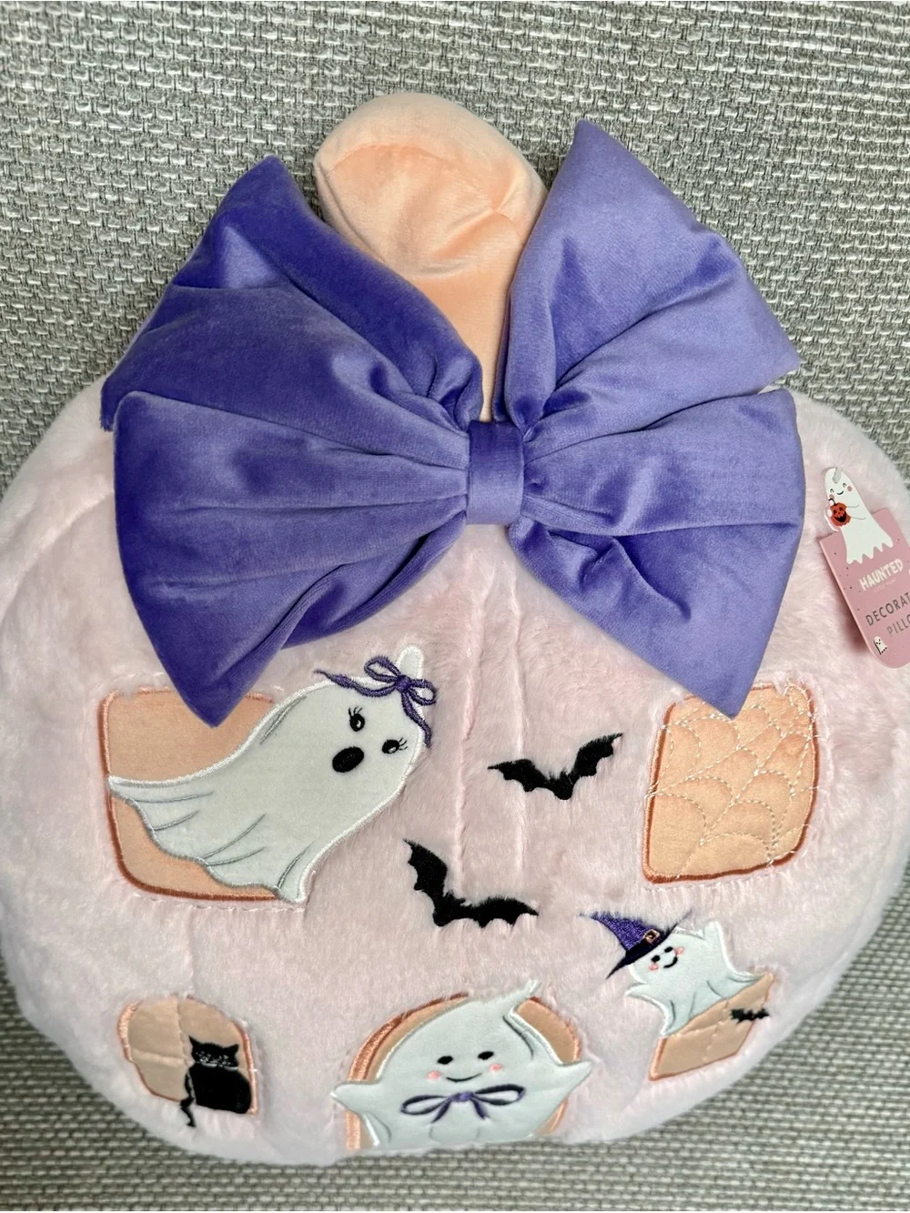Halloween 🎃 🦇 👻 Pink Plush Pumpkin Pillow Embroidered w/ Ghosts, Bats, Black Cat